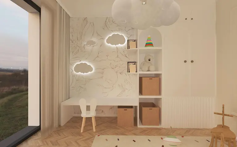 Pokój dziecięcy w stylu art deco z jasnymi kolorami i drewnianymi elementami.