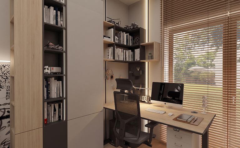 Gabinet w stylu minimalistycznym z biurkiem, książkami i oknem.