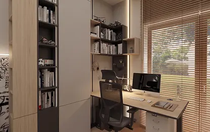 Gabinet w stylu minimalistycznym z biurkiem, książkami i oknem.