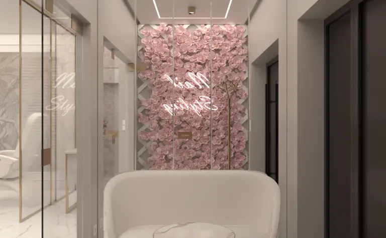 Przedpokój z różowym tłem, białą sofą i marmurową podłogą, styl glamour i nowoczesny.