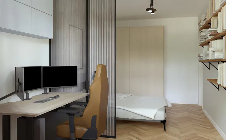 Gabinet w stylu dopamine decor, eklektyczny, japandi i nowoczesny z biurkiem i regałem.