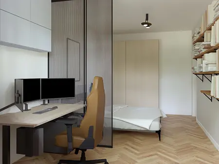 Gabinet w stylu dopamine decor, eklektyczny, japandi i nowoczesny z biurkiem i regałem.