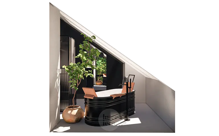 Wnętrze poddasza z wanną, roślinnością i eklektycznymi akcentami.