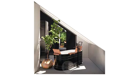 Wnętrze poddasza z wanną, roślinnością i eklektycznymi akcentami.