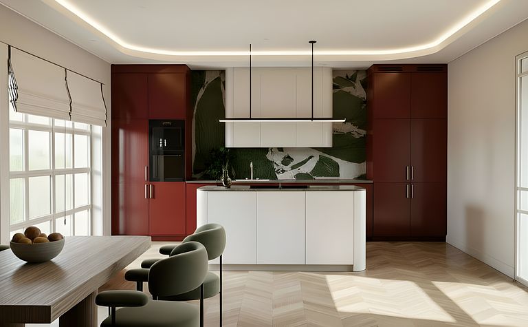 Wnętrze kuchni z białymi meblami, czerwonymi akcentami oraz zielonymi roślinami, eklektyczny styl.