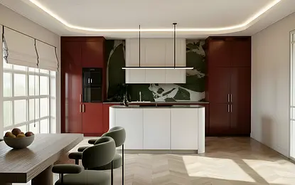 Wnętrze kuchni z białymi meblami, czerwonymi akcentami oraz zielonymi roślinami, eklektyczny styl.