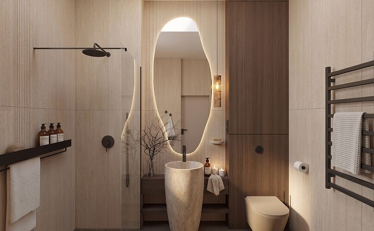 Nowoczesna łazienka w stylu japandi z kamienną umywalką i drewnianymi elementami.