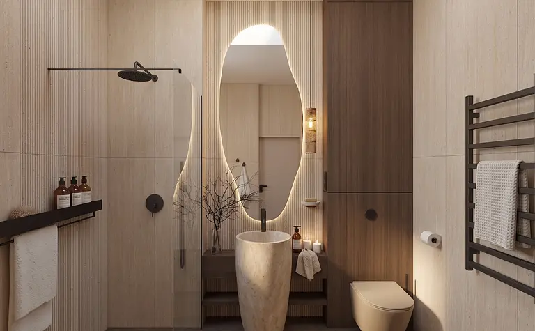 Nowoczesna łazienka w stylu japandi z kamienną umywalką i drewnianymi elementami.