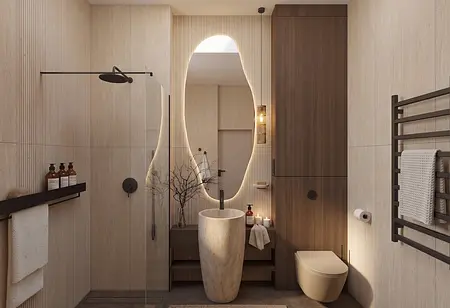 Nowoczesna łazienka w stylu japandi z kamienną umywalką i drewnianymi elementami.