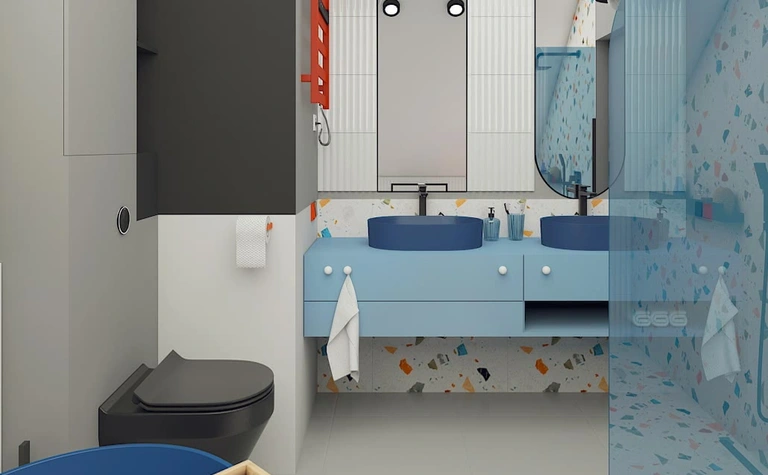 Wnętrze łazienki z niebieskimi umywalkami i minimalistycznym wystrojem. Dopamine decor.