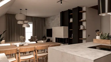 Wnętrze kuchni z minimalistycznym stylem, nowoczesnym wykończeniem, rustykalnymi detalami i skandynawskim klimatem.