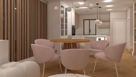 Wnętrze jadalni z różowymi krzesłami, drewnianym stołem i minimalistycznym designem.