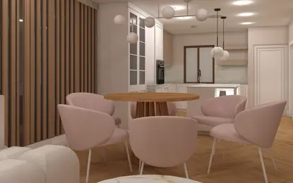 Wnętrze jadalni z różowymi krzesłami, drewnianym stołem i minimalistycznym designem.