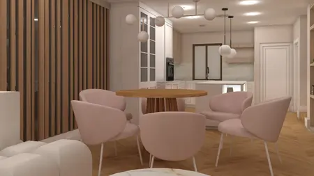 Wnętrze jadalni z różowymi krzesłami, drewnianym stołem i minimalistycznym designem.