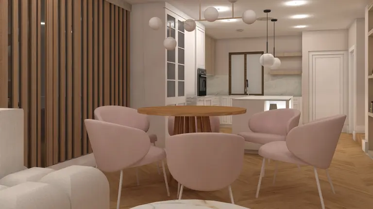 Wnętrze jadalni z różowymi krzesłami, drewnianym stołem i minimalistycznym designem.