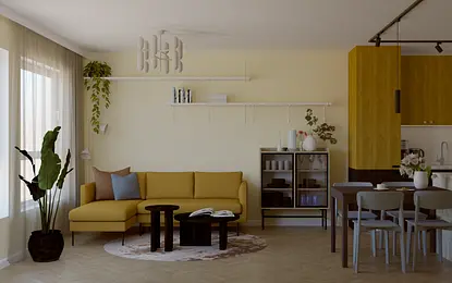 Współczesne wnętrze z żółtą kanapą i drewnianym stołem