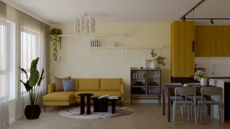 Współczesne wnętrze z żółtą kanapą i drewnianym stołem