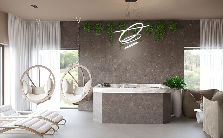 Nowoczesne wnętrze z huśtawkami i roślinami w stylu minimalistycznym i quiet luxury.