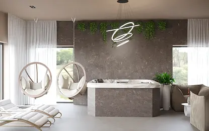 Nowoczesne wnętrze z huśtawkami i roślinami w stylu minimalistycznym i quiet luxury.