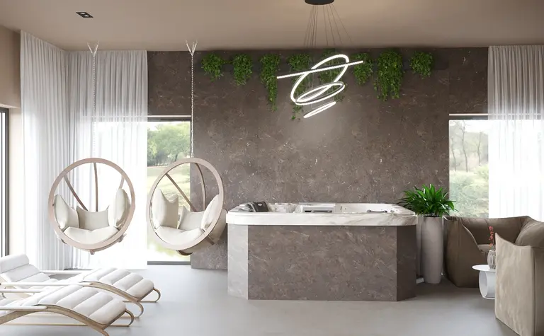 Nowoczesne wnętrze z huśtawkami i roślinami w stylu minimalistycznym i quiet luxury.
