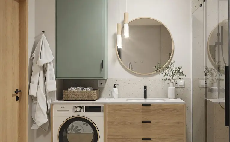 Wnętrze łazienki w stylu boho, japandi z rustykalnymi detalami.