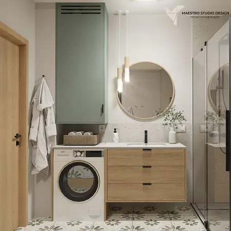 Wnętrze łazienki w stylu boho, japandi z rustykalnymi detalami.