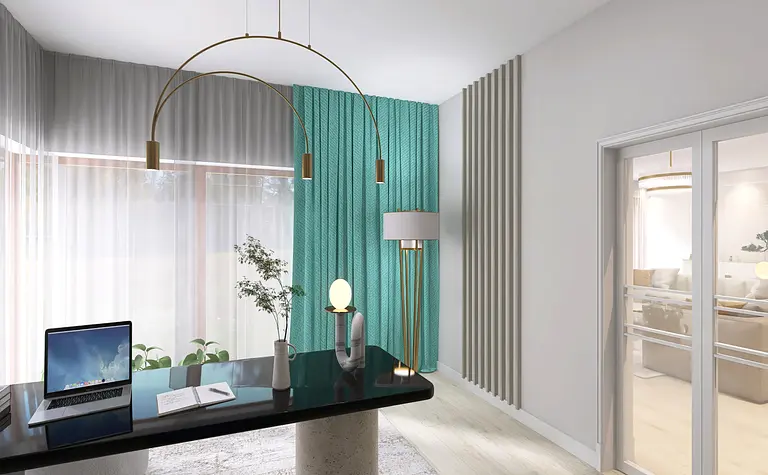 Wnętrze gabinetu z zieloną ścianą, nowoczesnym biurkiem i lampą.