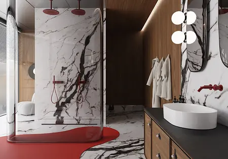 Nowoczesna łazienka z marmurowymi ścianami, drewnem i akcentami w stylu dopamine decor, eklektycznym, glamour.