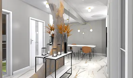Wnętrze jadalni z elementami art deco, glamour i japandi, nowoczesne meble.
