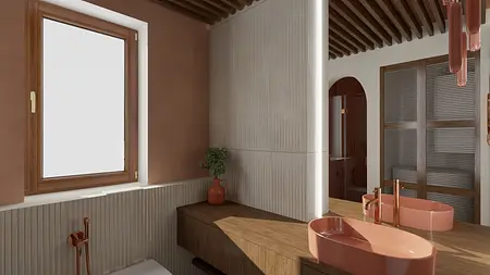 Wnętrze łazienki z brązowymi i drewnianymi akcentami, styl dopamine decor, eklektyczny, rustykalny, vintage.