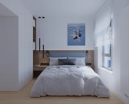 Wnętrze sypialni z niebieską pościelą i drewnianymi detalami, styl nowoczesny.