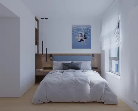 Wnętrze sypialni z niebieską pościelą i drewnianymi detalami, styl nowoczesny.