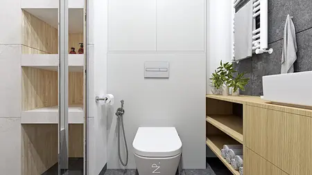 Minimalistyczna łazienka z drewnianymi półkami, nowoczesną armaturą i szarymi akcentami.