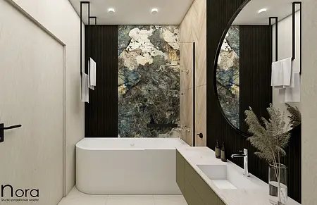 Wnętrze łazienki z wanną, minimalistycznym wykończeniem, boho i skandynawskim stylem.