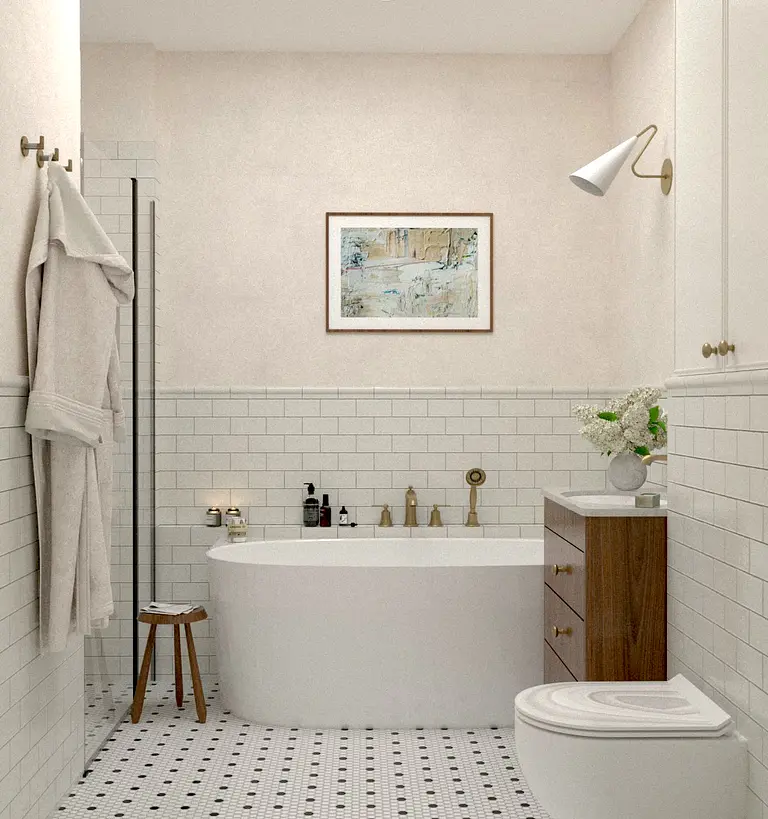 Łazienka w stylu art deco, minimalistycznym i tradycyjnym z białymi kafelkami i drewnem.