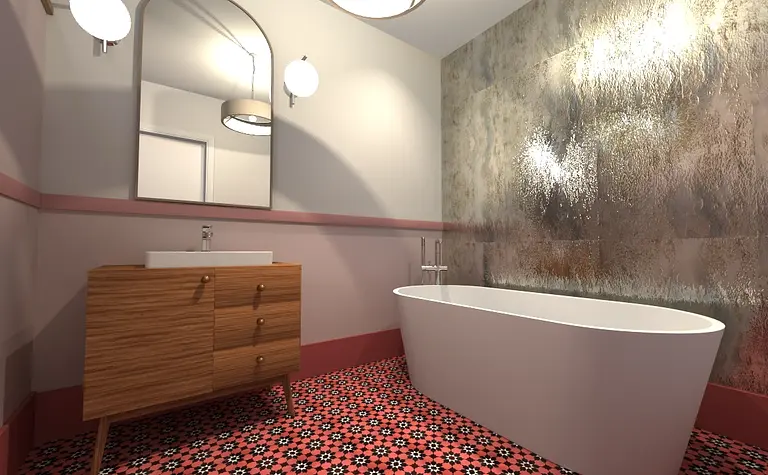 Eklektyczna łazienka z wanną, drewnianą szafką i kolorową podłogą.