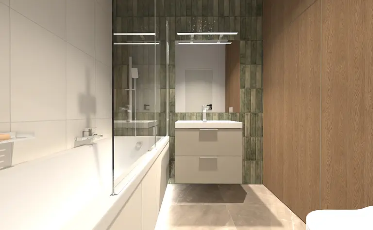 Wnętrze nowoczesnej łazienki z białą wanną i zielonymi płytkami.