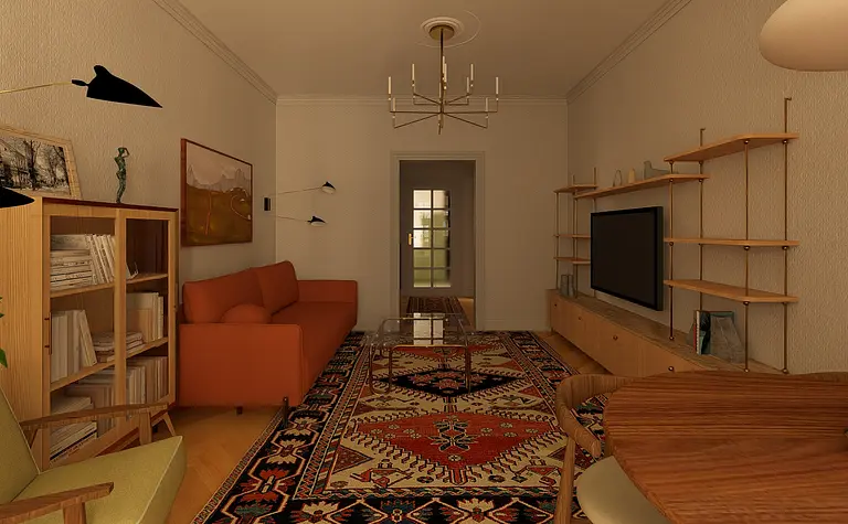 Wnętrze salonu w stylu vintage z pomarańczową kanapą, drewnianymi meblami i dywanem.