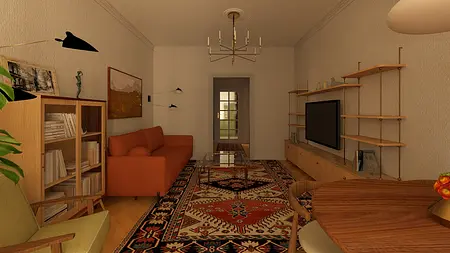 Wnętrze salonu w stylu vintage z pomarańczową kanapą, drewnianymi meblami i dywanem.