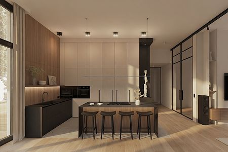 Wnętrze kuchni w stylu japandi i minimalistycznym z drewnianymi elementami.