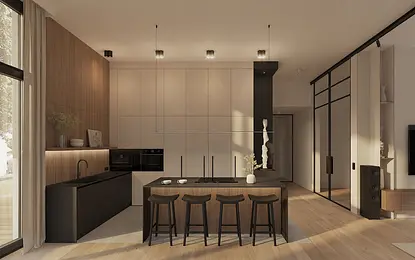 Wnętrze kuchni w stylu japandi i minimalistycznym z drewnianymi elementami.