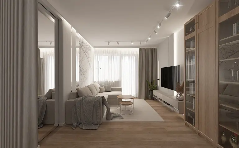 Wnętrze salonu w stylu skandynawskim z jasnymi meblami i drewnianymi akcentami.