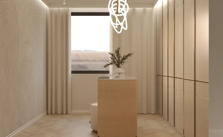 Wnętrze w stylu art deco, glamour i minimalistycznym z beżowymi meblami.