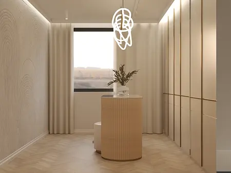 Wnętrze w stylu art deco, glamour i minimalistycznym z beżowymi meblami.