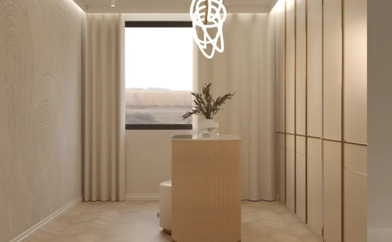 Wnętrze w stylu art deco, glamour i minimalistycznym z beżowymi meblami.