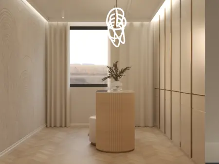 Wnętrze w stylu art deco, glamour i minimalistycznym z beżowymi meblami.