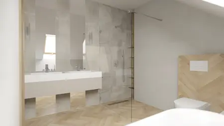 Wnętrze łazienki z białą umywalką, szarymi ścianami i drewnianą podłogą, styl soft minimalizm.