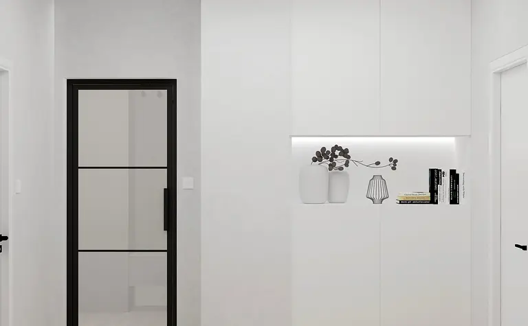 Przedpokój w stylu minimalistycznym z białymi meblami, nowoczesnymi detalami i współczesnym oświetleniem.