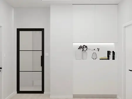 Przedpokój w stylu minimalistycznym z białymi meblami, nowoczesnymi detalami i współczesnym oświetleniem.