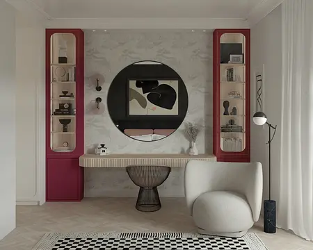 Wnętrze z akcentami dopamine decor, eklektycznym, glamour i współczesnym.